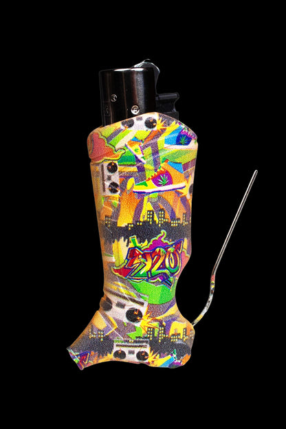 A vibrant, colorful glass pipe with a metallic coil and decorated with cannabis leaves and psychedelic patterns against a black background.