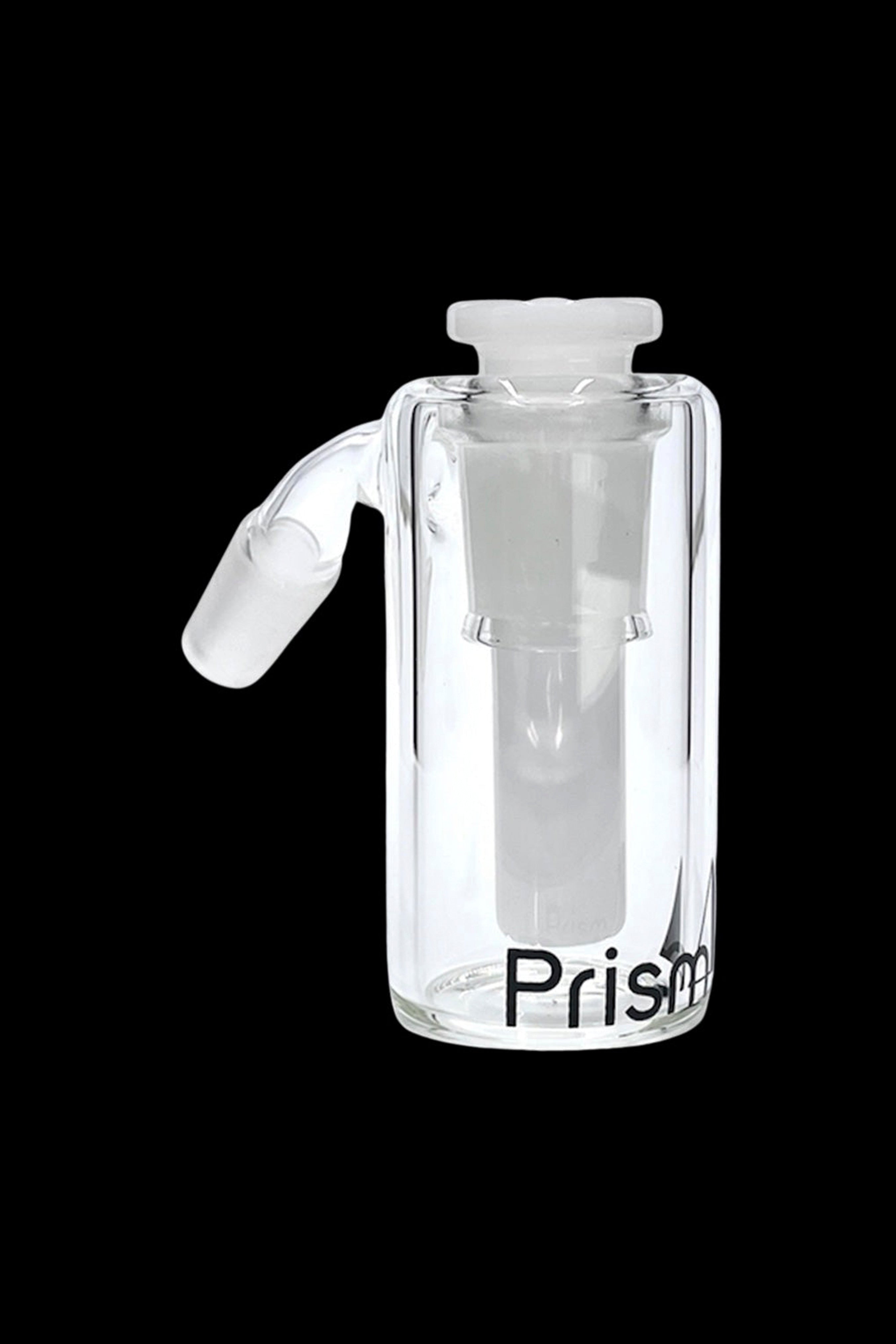 Clear glass bubbler with “Prism” logo.