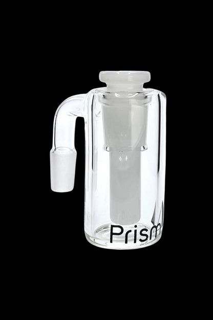 Clear glass bubbler water pipe with “Prism” logo.