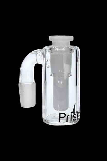 Clear glass bubbler water pipe with “Prism” logo.