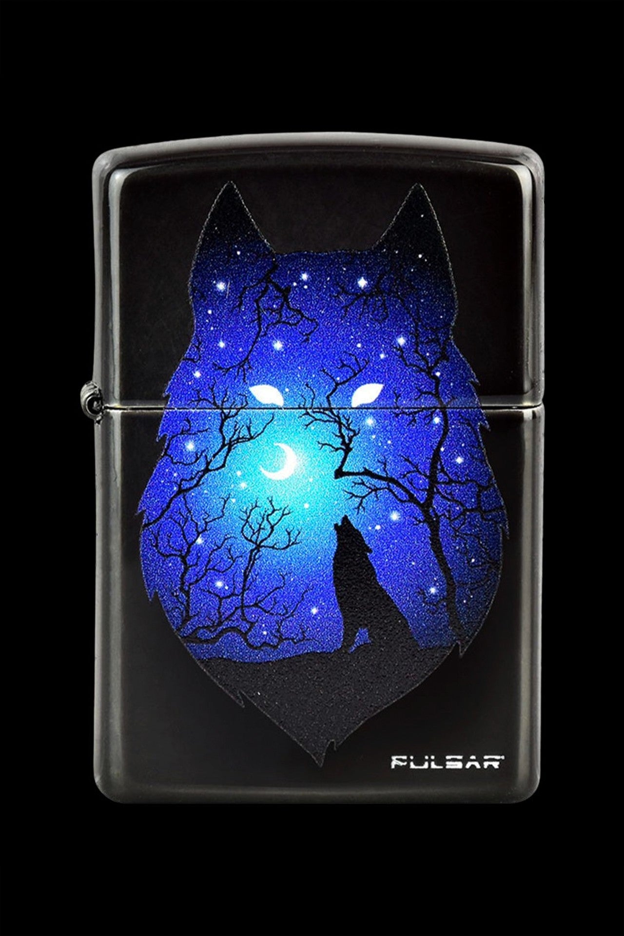A black Zippo-style lighter featuring a detailed, glowing blue illustration of a howling wolf silhouetted against a starry night and crescent moon. "Pulsar" is printed in white at the bottom.
