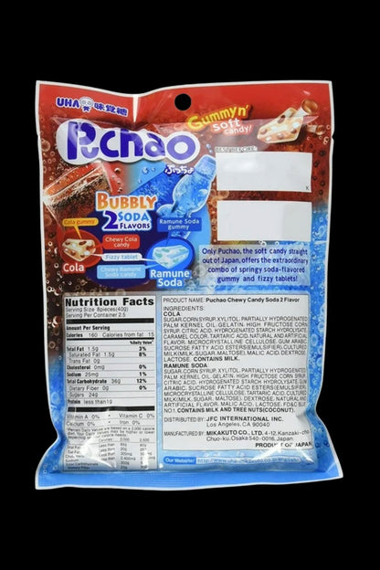 Close-up of a colorful package of Japanese "Puccho" chewy candy with a fizzy tablet inside, often used as packaging for cannabis edibles due to its resemblance to legitimate sweets.