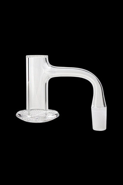 Clear glass dab rig banger with a rounded base and angled neck.