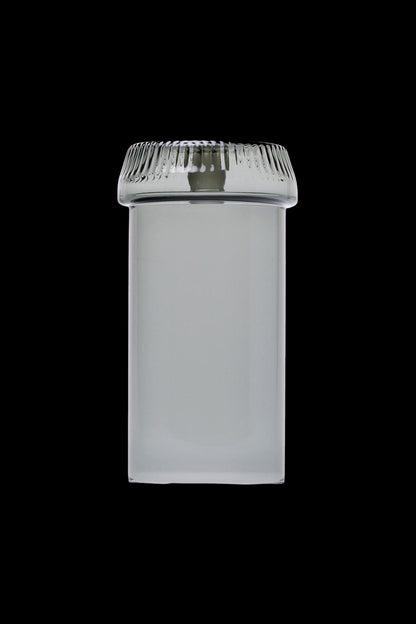 Clear glass cannabis storage jar with screw-on lid.