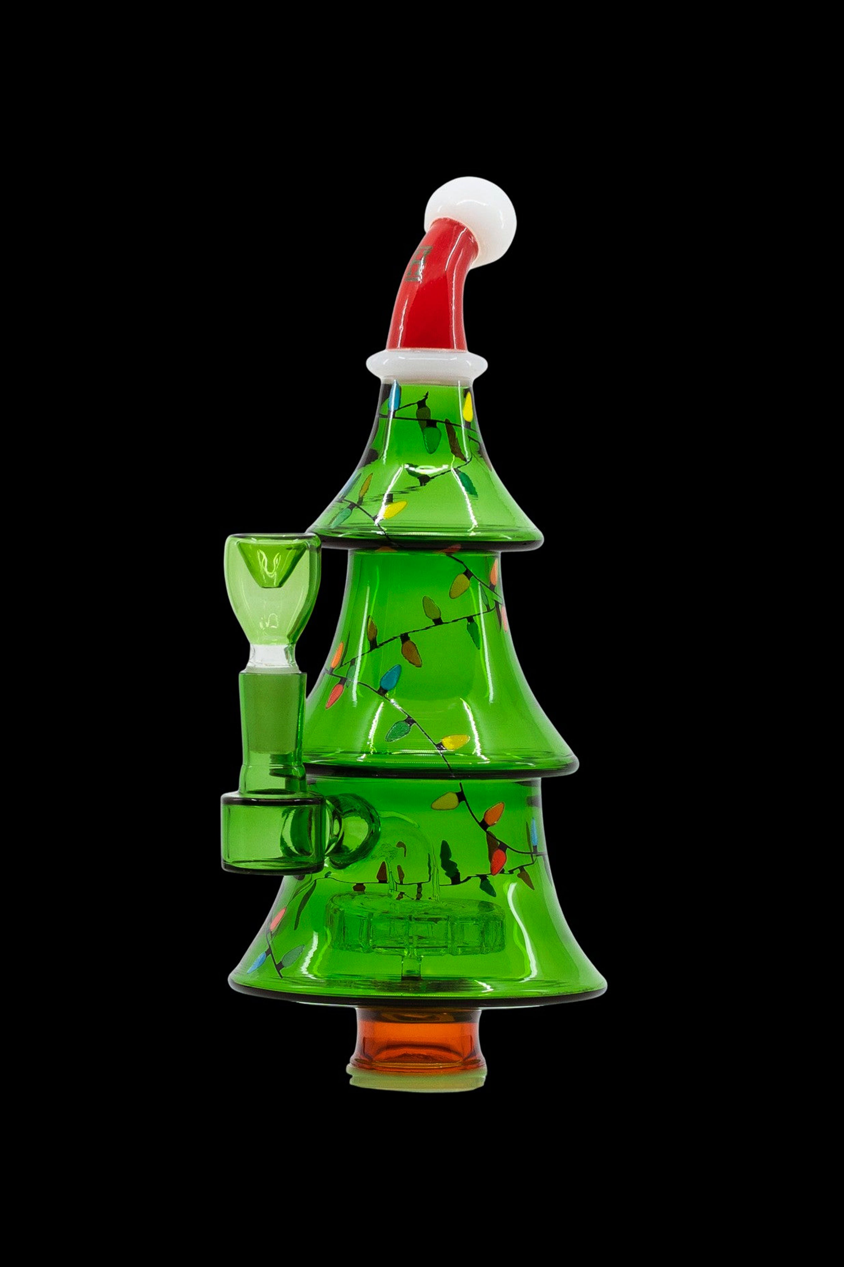 Green glass water pipe shaped like a Christmas tree with colorful lights and a Santa hat.