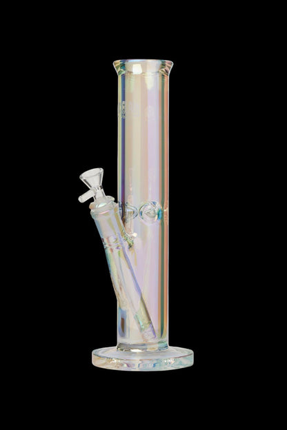 Iridescent glass water pipe with a flared mouthpiece and downstem.