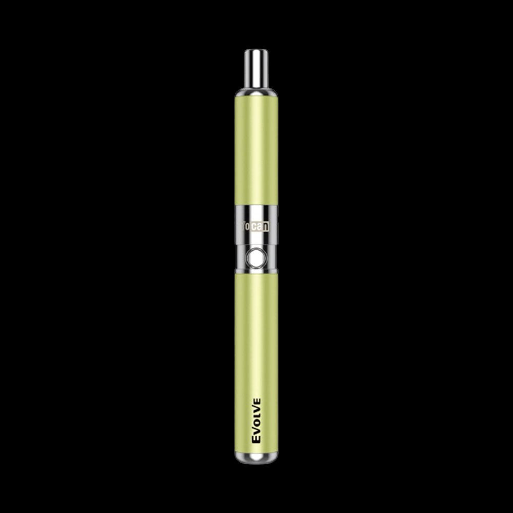 Green cannabis vape pen with metallic accents.