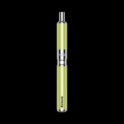 Green cannabis vape pen with metallic accents.
