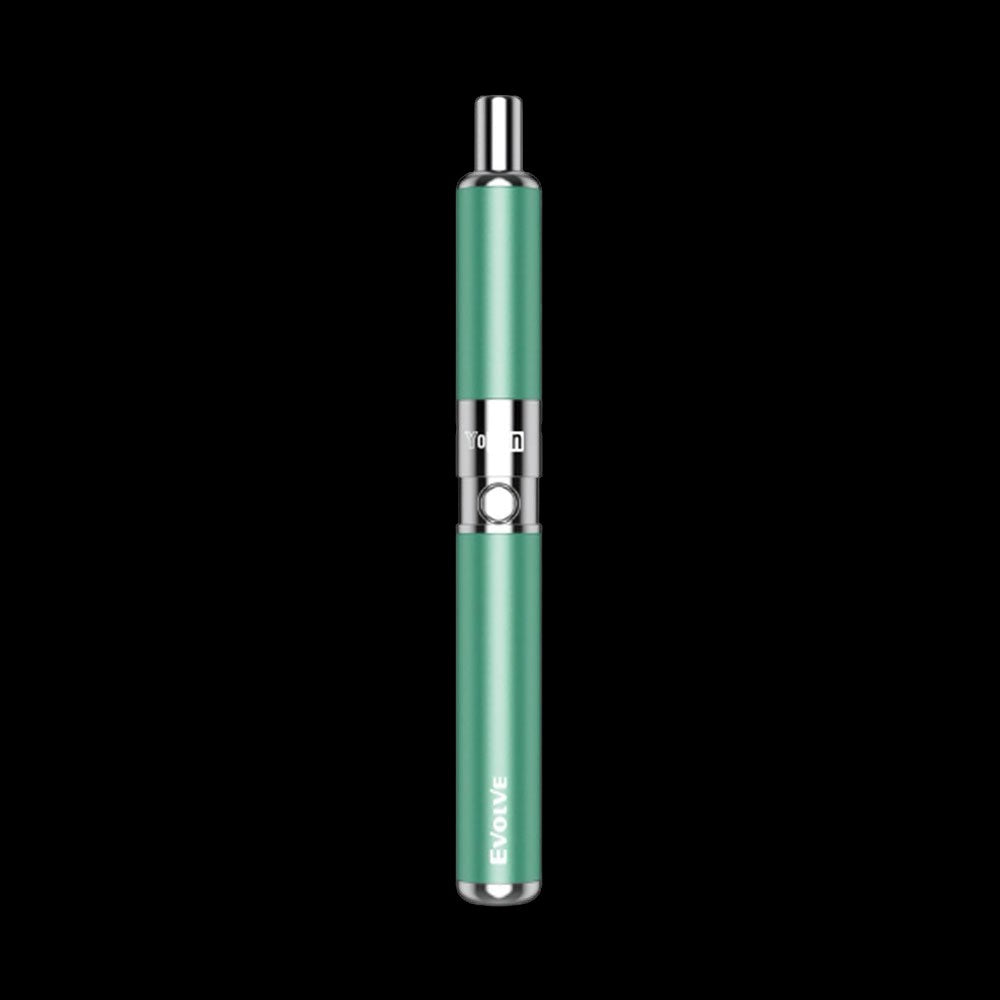 Green cannabis vape pen against a black background.