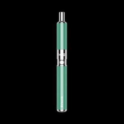 Green cannabis vape pen against a black background.