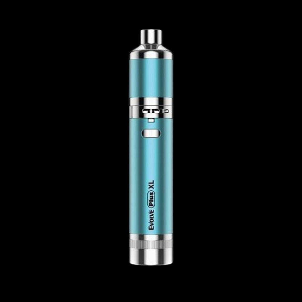 Teal cannabis vaporizer pen with “Evolve Plus XL” branding.