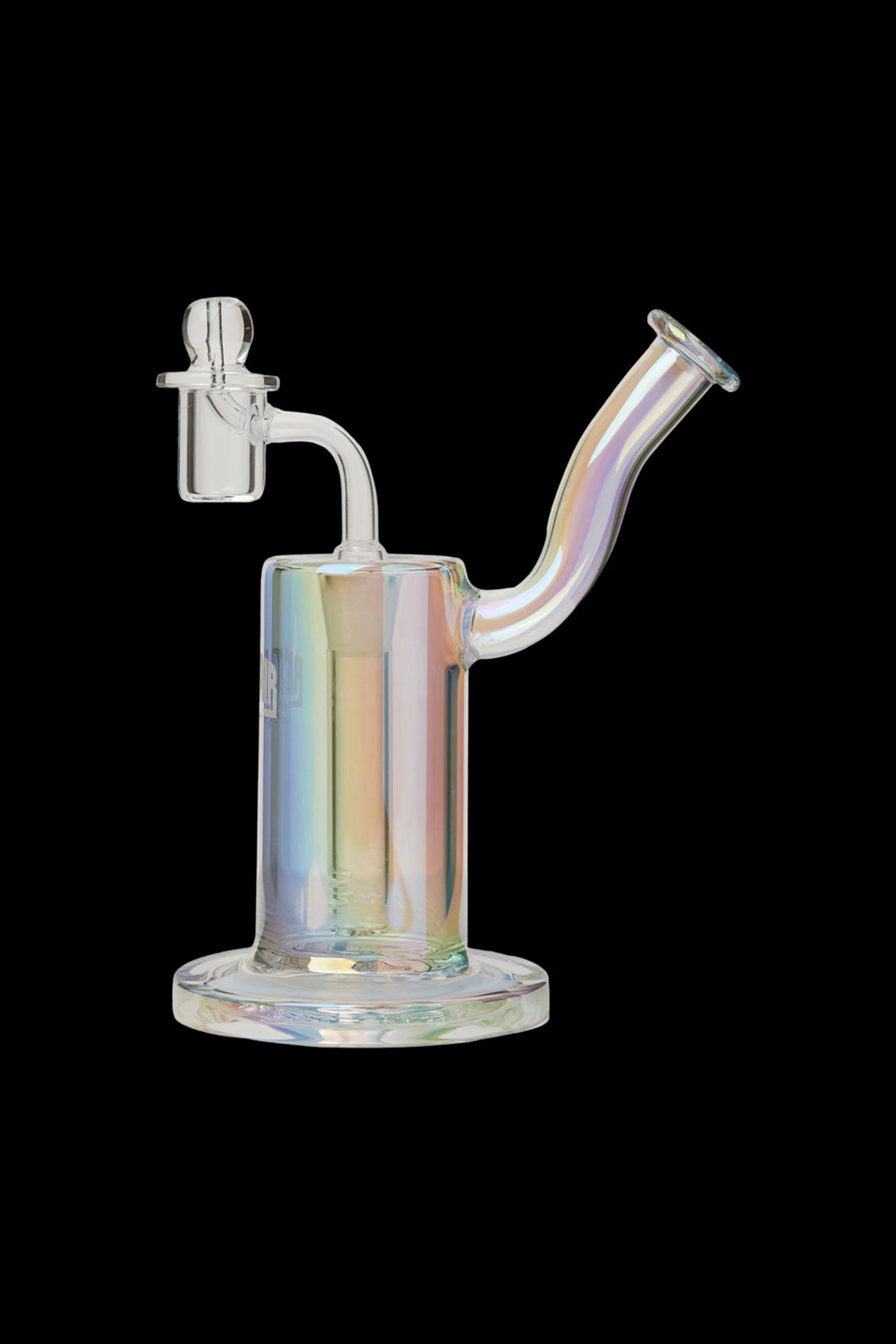 Iridescent glass water pipe (rig) with a perc base and mouthpiece.
