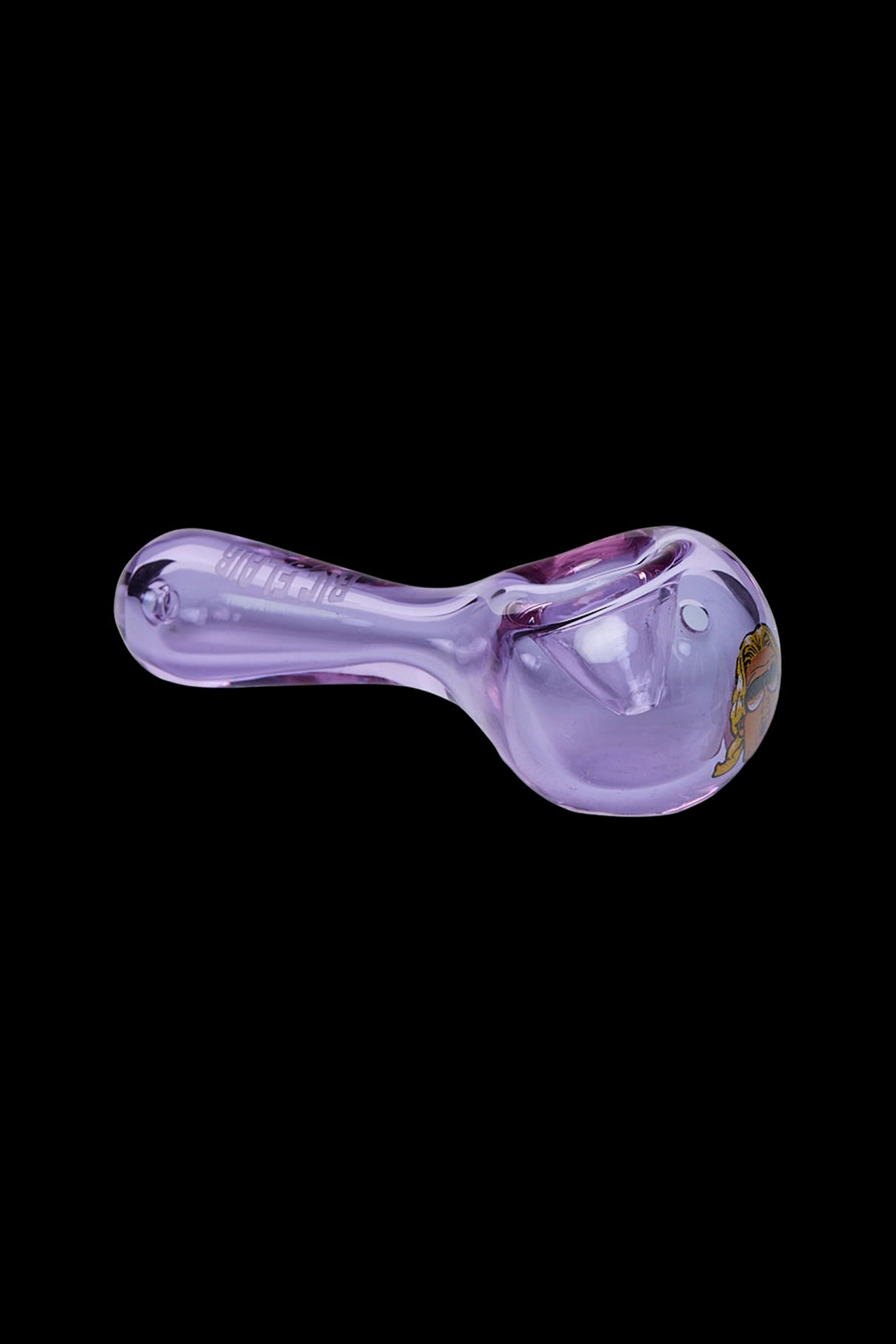 Purple glass pipe with colorful decal against a black background.
