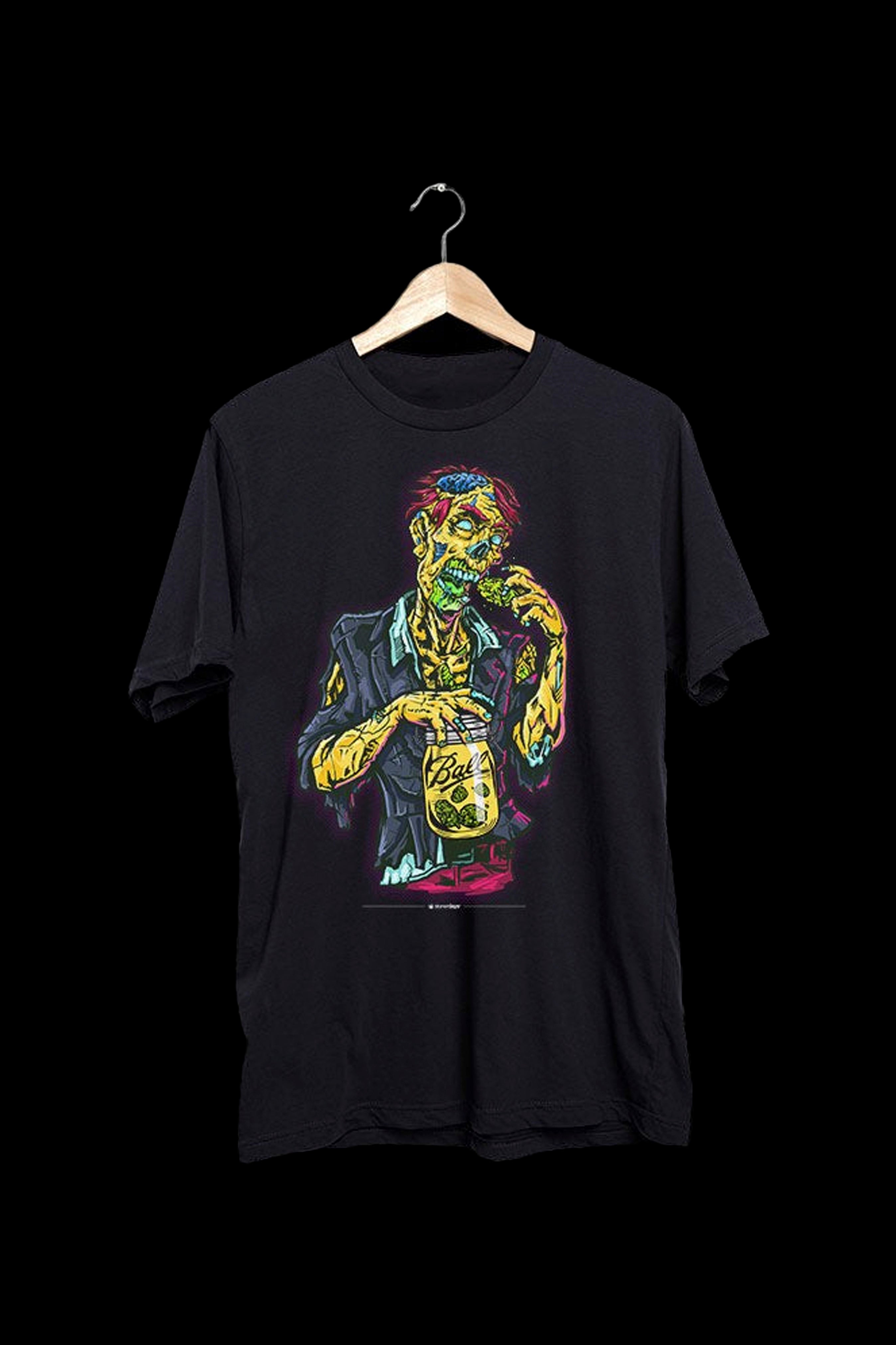 Black t-shirt with a colorful graphic of a zombie holding a glass jar labeled "Bud" hanging on a wooden hanger against a black background.