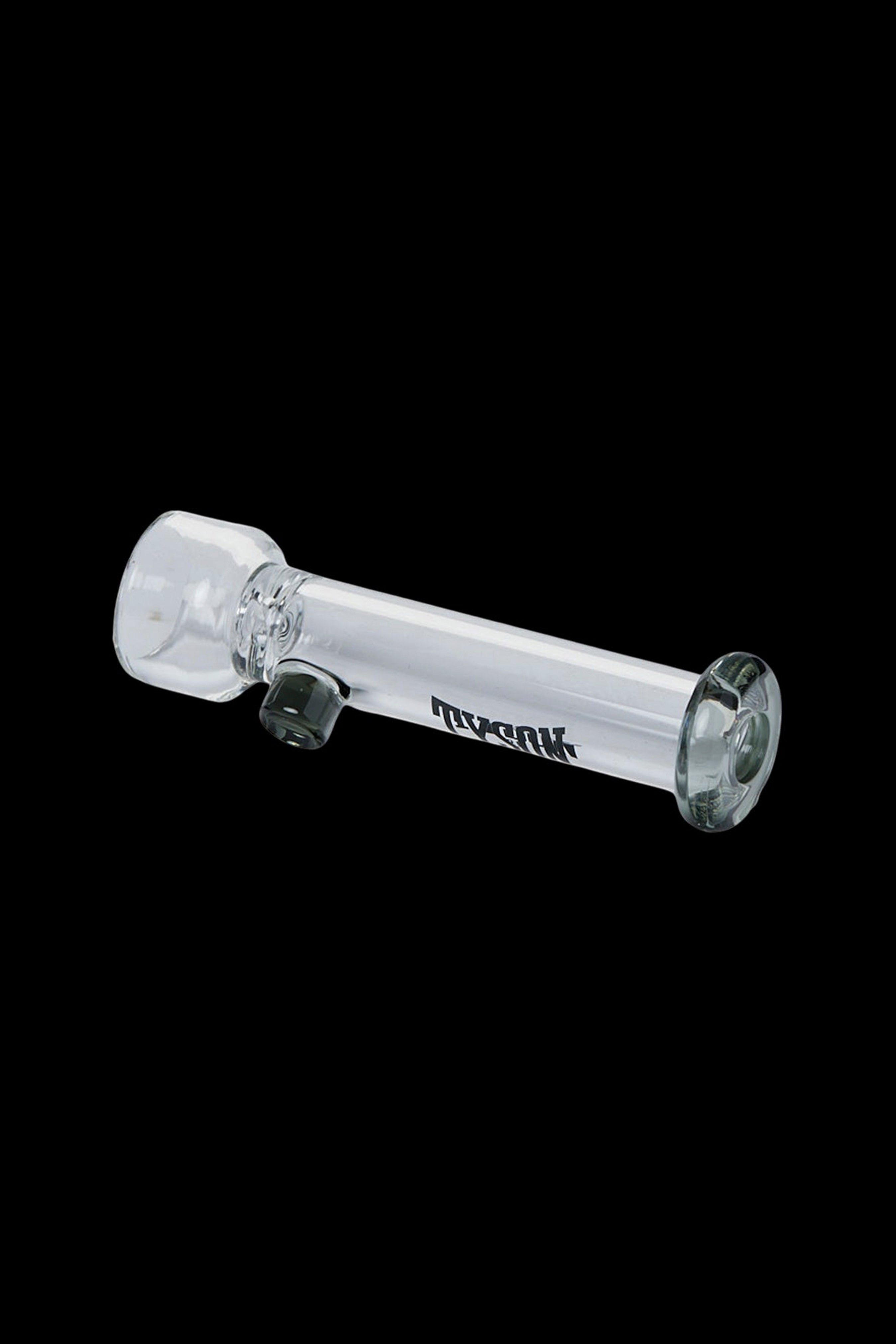 Glass cannabis oil burner pipe with branded text.