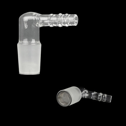 Clear glass 90-degree and 45-degree dab rig adapters against a black background.