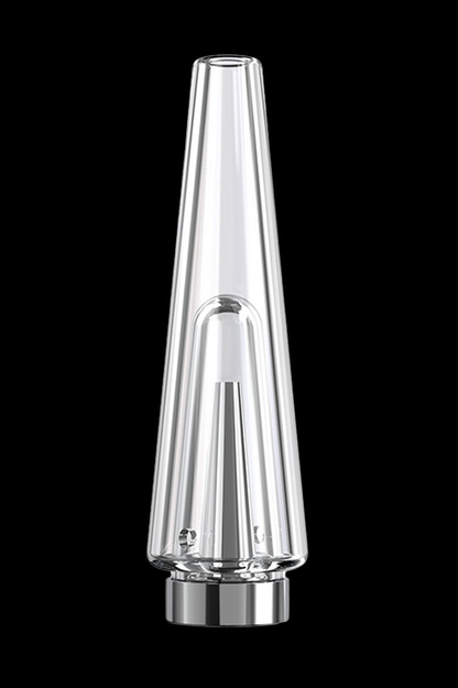 Clear glass cannabis dab rig with a conical shape and metallic base, isolated on a black background."