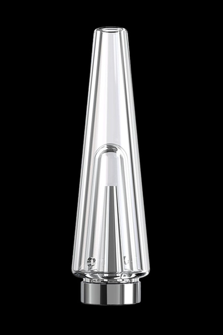 Clear glass cannabis dab rig with a conical shape and metallic base, isolated on a black background."