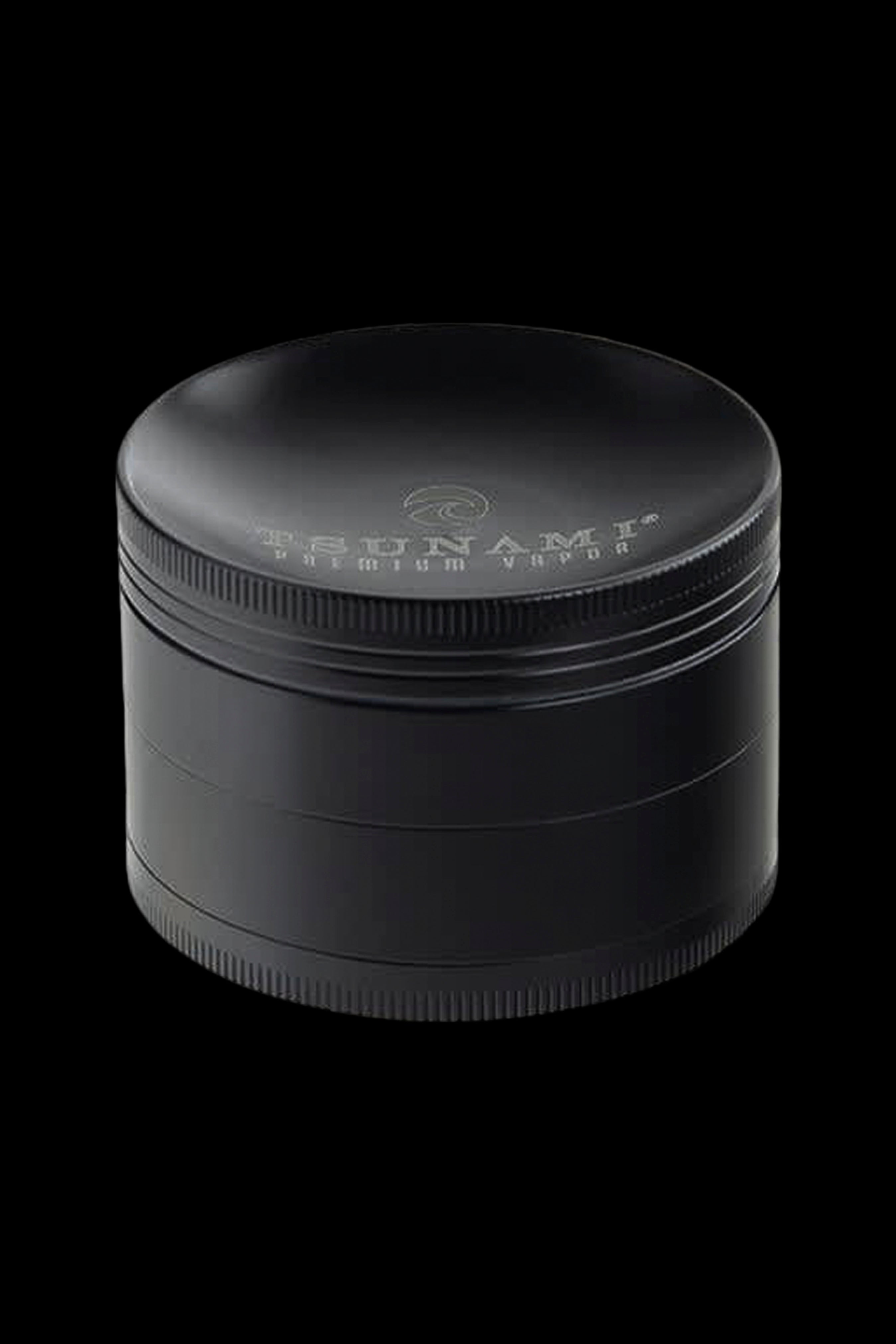 Black four-layer cannabis grinder with branded text.