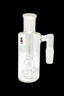 Clear glass bubbler with percolator and angled mouthpiece.