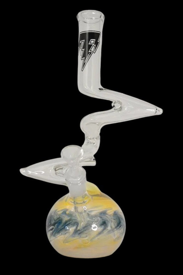Glass water pipe with swirling yellow and blue base, and lightning bolt branding.