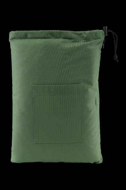 Green smell-proof bag with cinch closure and exterior pocket.