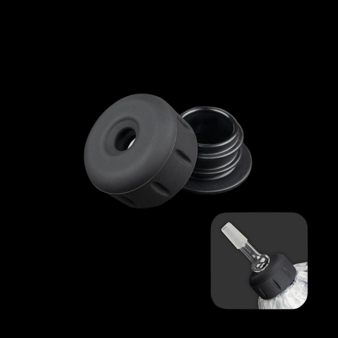 Black cannabis oil applicator tip and screw-on base, with inset photo of applicator filled with oil.