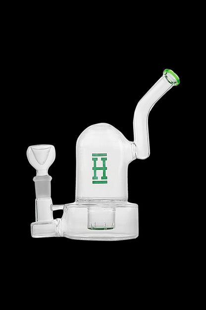 Clear glass water pipe with a green logo and removable bowl.