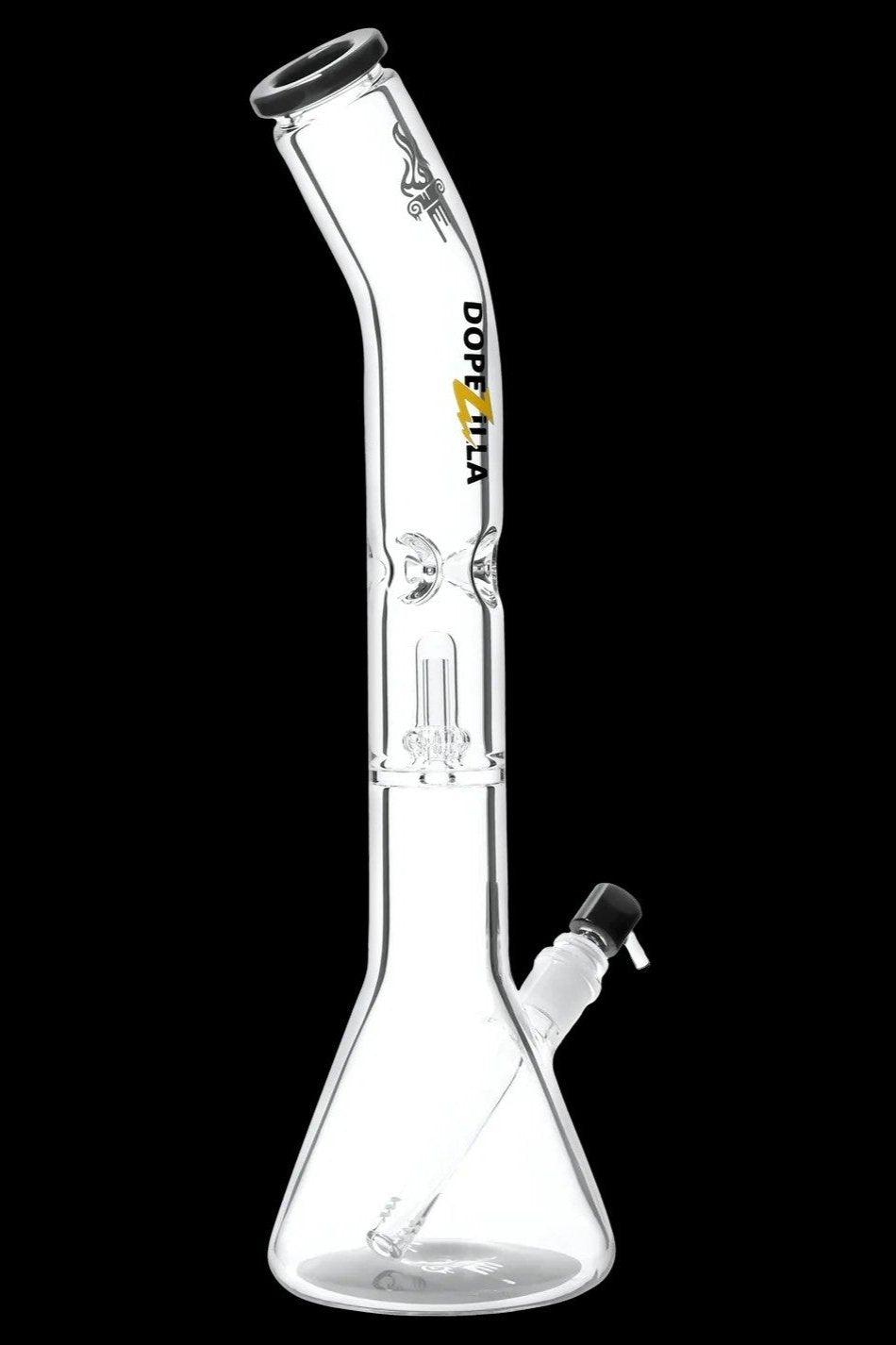 Angled full-length view of the clear Dopezilla Titans Promethus Bong against a black background, showing its bent neck, beaker base, and downstem.