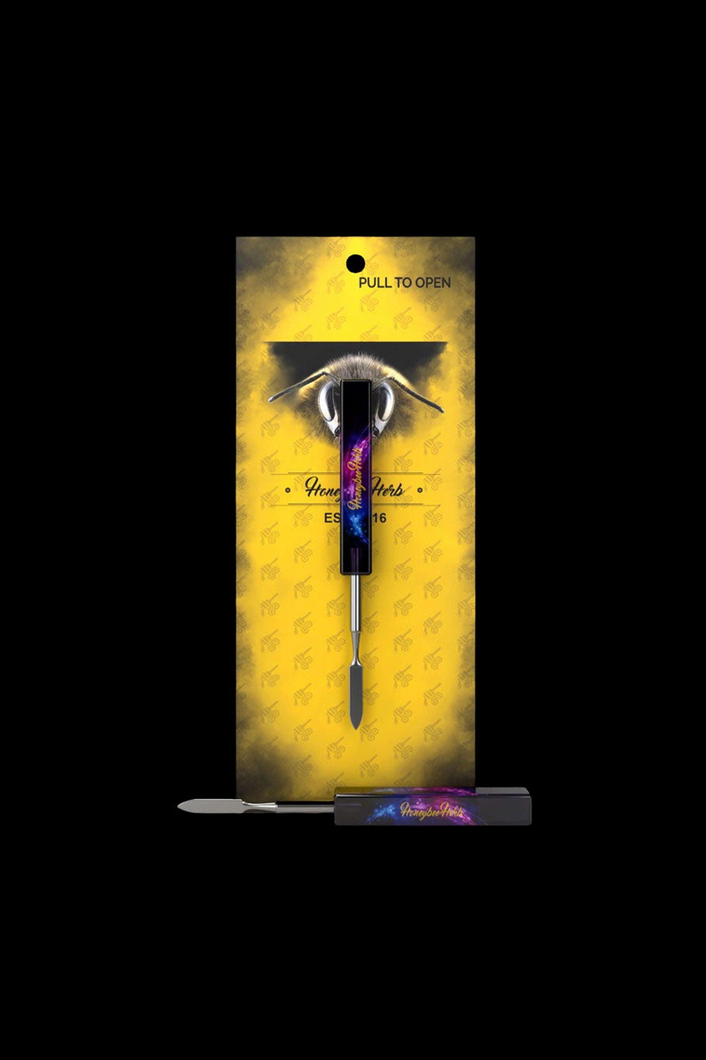 Cannabis accessory packaging featuring a pen-shaped vaporizer with a gold and patterned background.