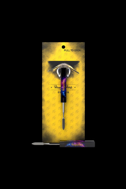 Cannabis accessory packaging featuring a pen-shaped vaporizer with a gold and patterned background.