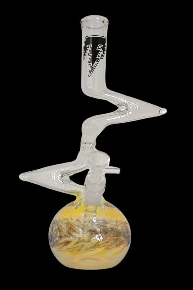 Clear glass water pipe (bong) with a rounded, amber-colored base and intricate, winding design.