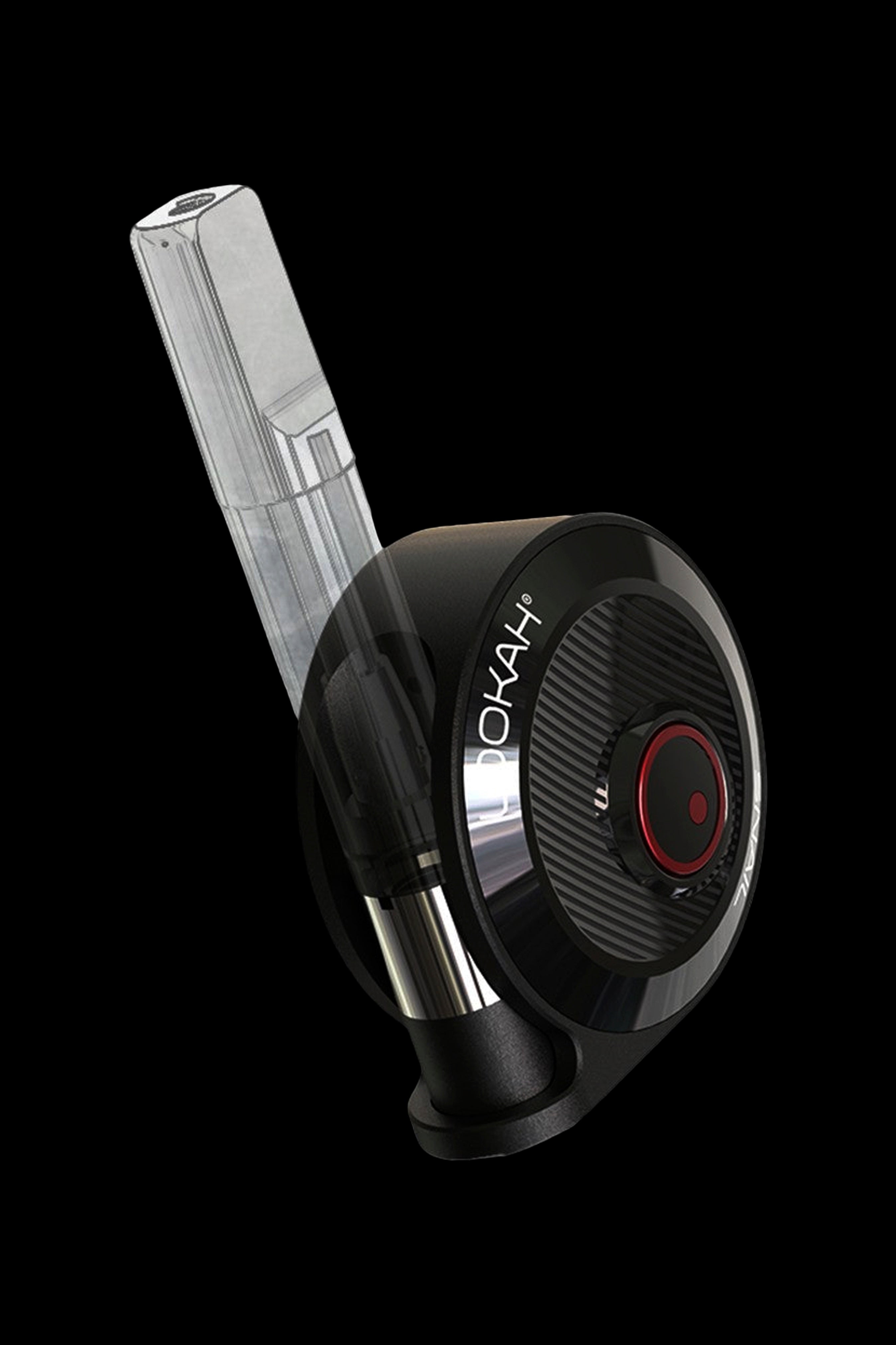 Sleek black and silver cannabis oil vaporizer pen with a clear cartridge, angled against a dark background.