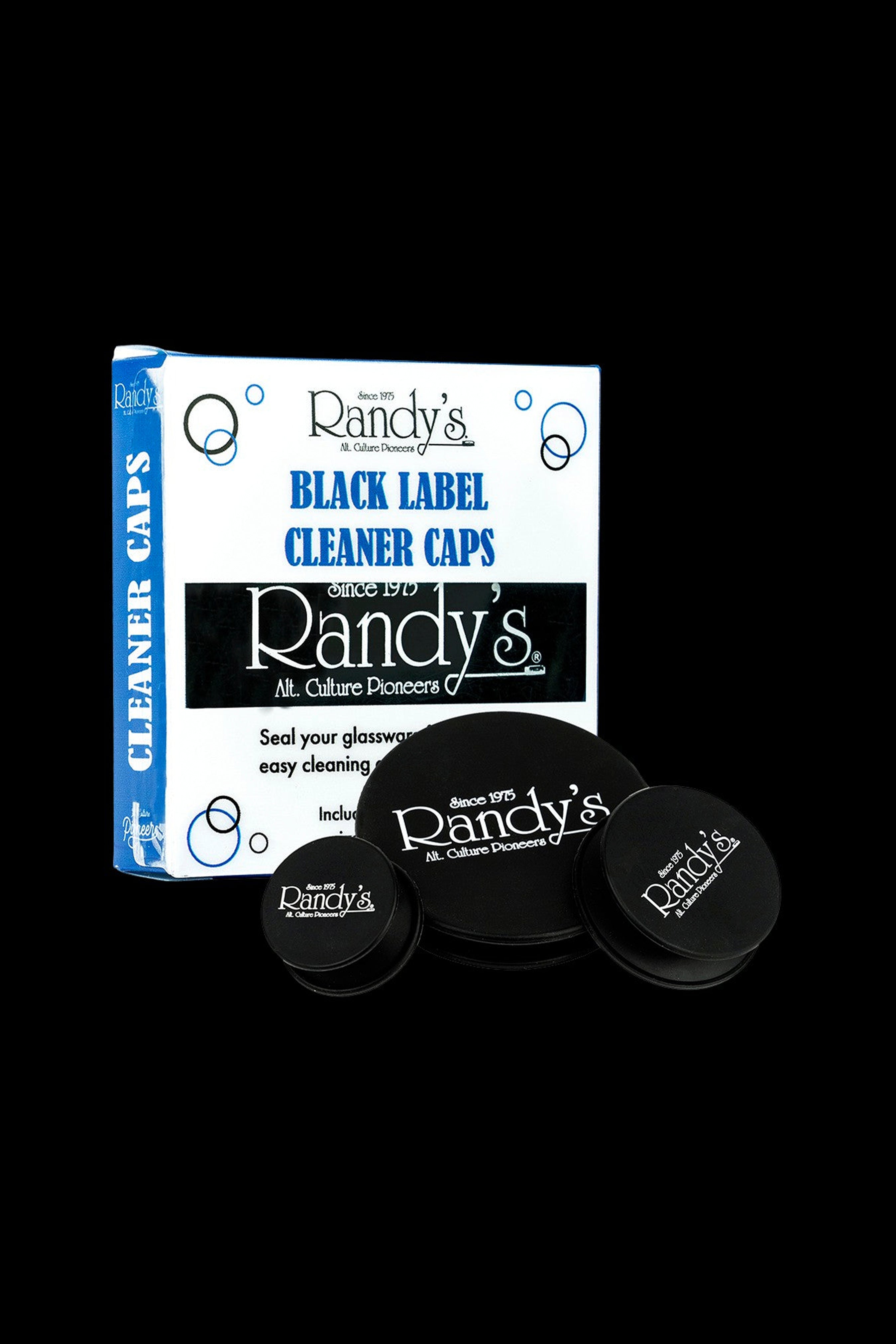 Randy's Cleaner Caps packaging and black silicone caps for cleaning cannabis glassware.