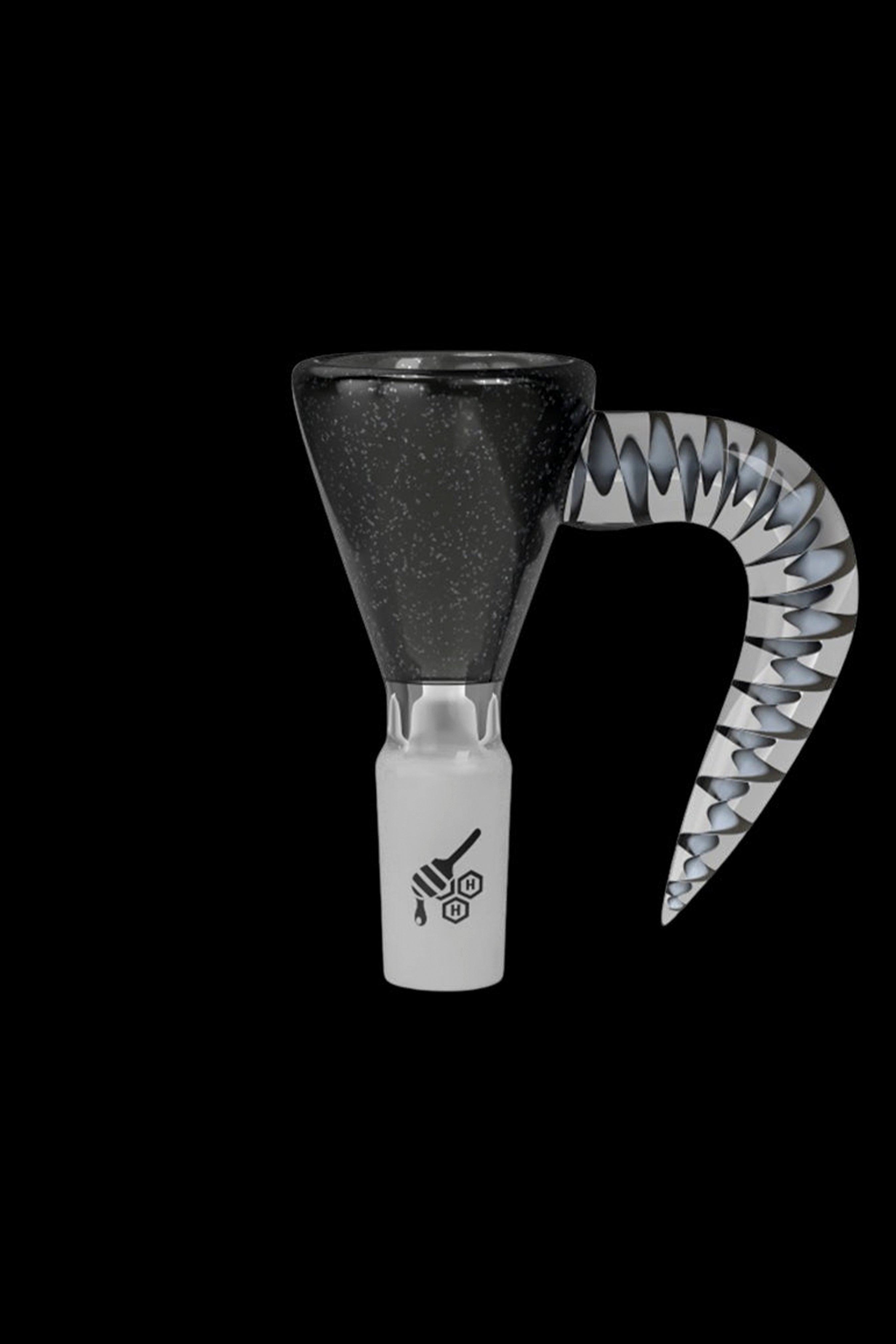 Black and white glass pipe with a patterned mouthpiece, isolated on a black background.