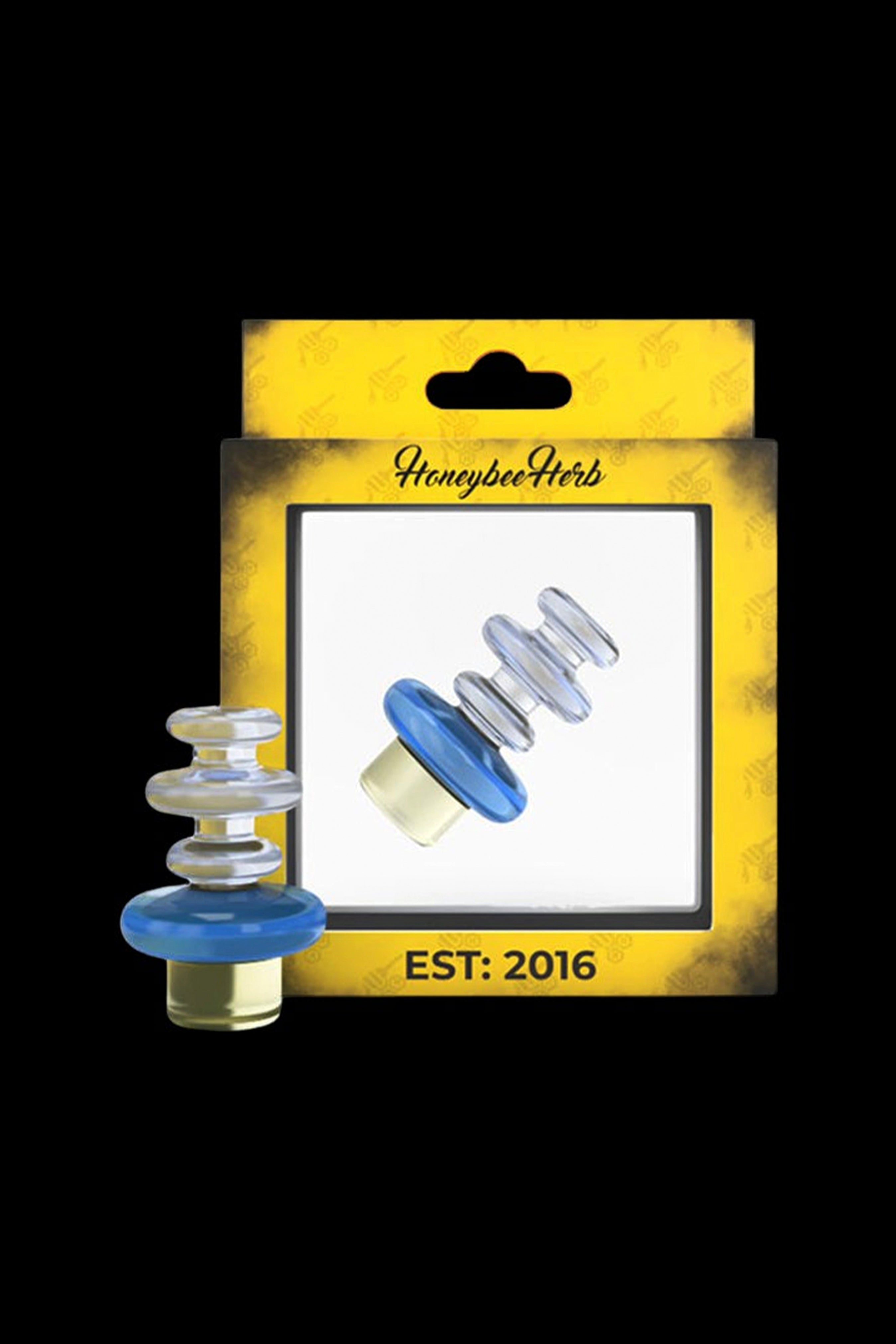 A packaged cannabis accessory, a blue and clear spiral bubbler for a water pipe, branded "Honeybee Herb Est. 2016".