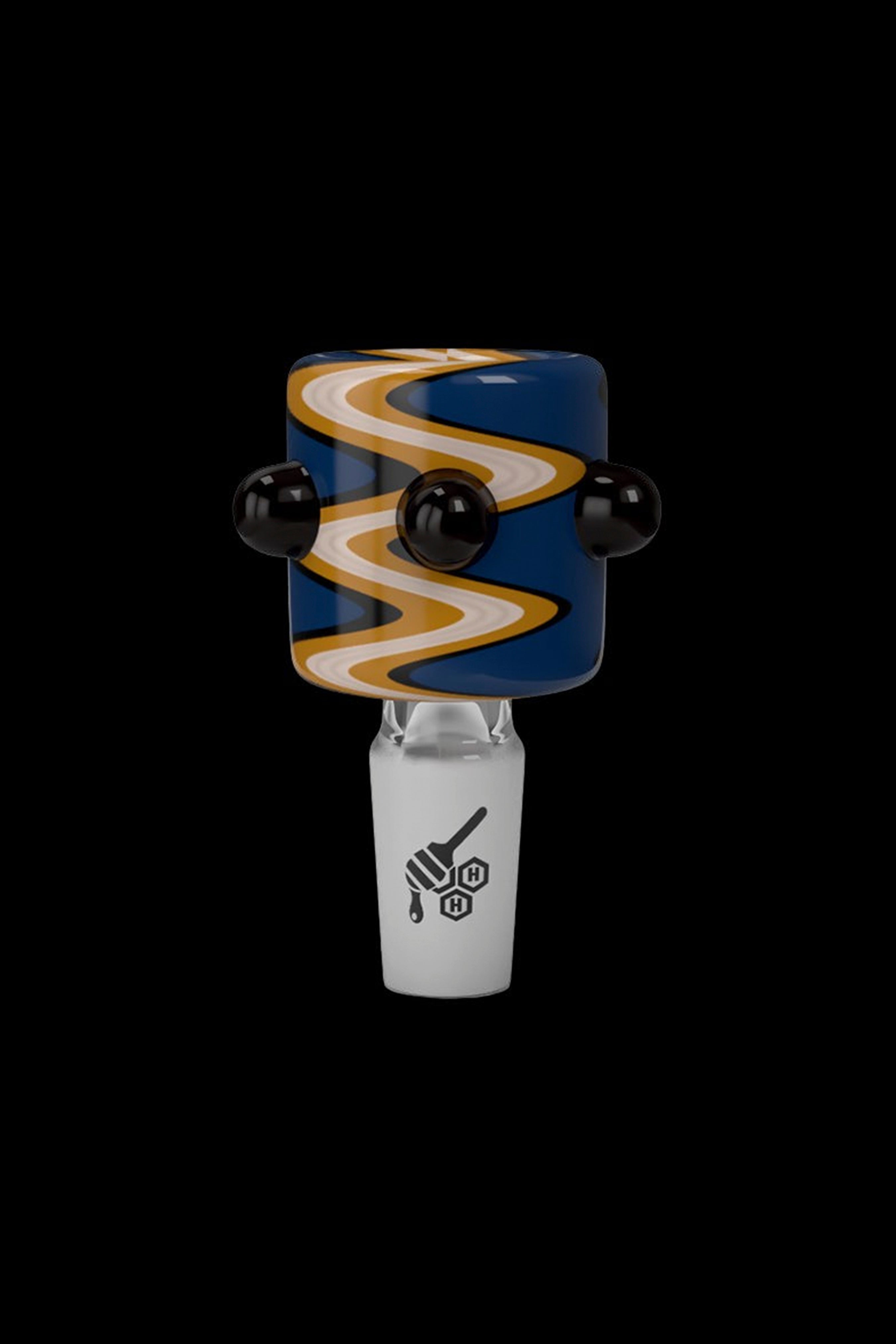 Glass cannabis bong downstem with swirling blue and gold pattern.