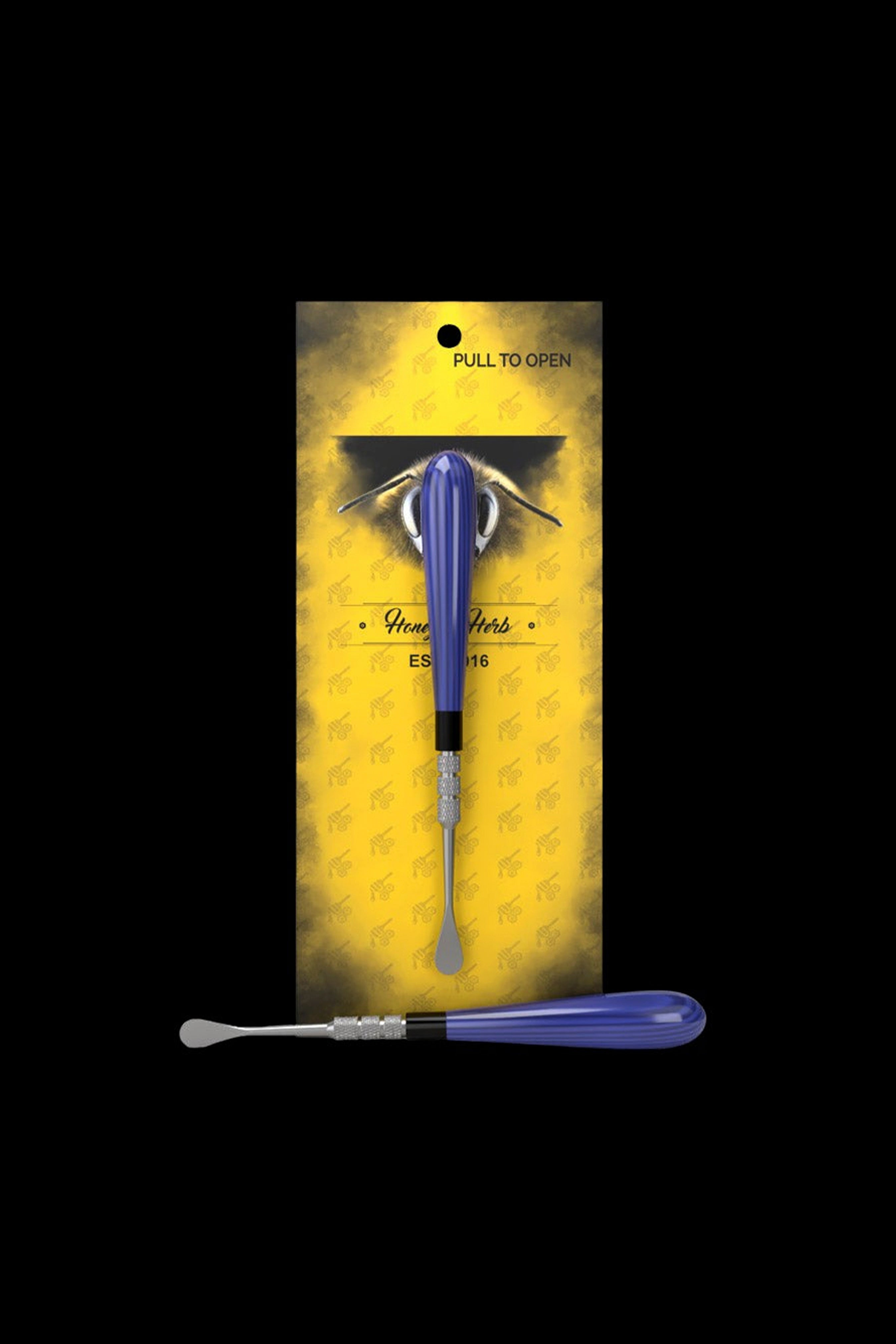 Vertical view of a blue Honeybee Herb Classic Dab Tool centered on its yellow branded backing card, shown upright and again lying horizontally against a black background.