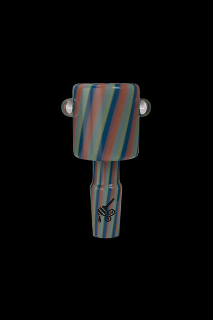 Colorful glass cannabis pipe with logo.