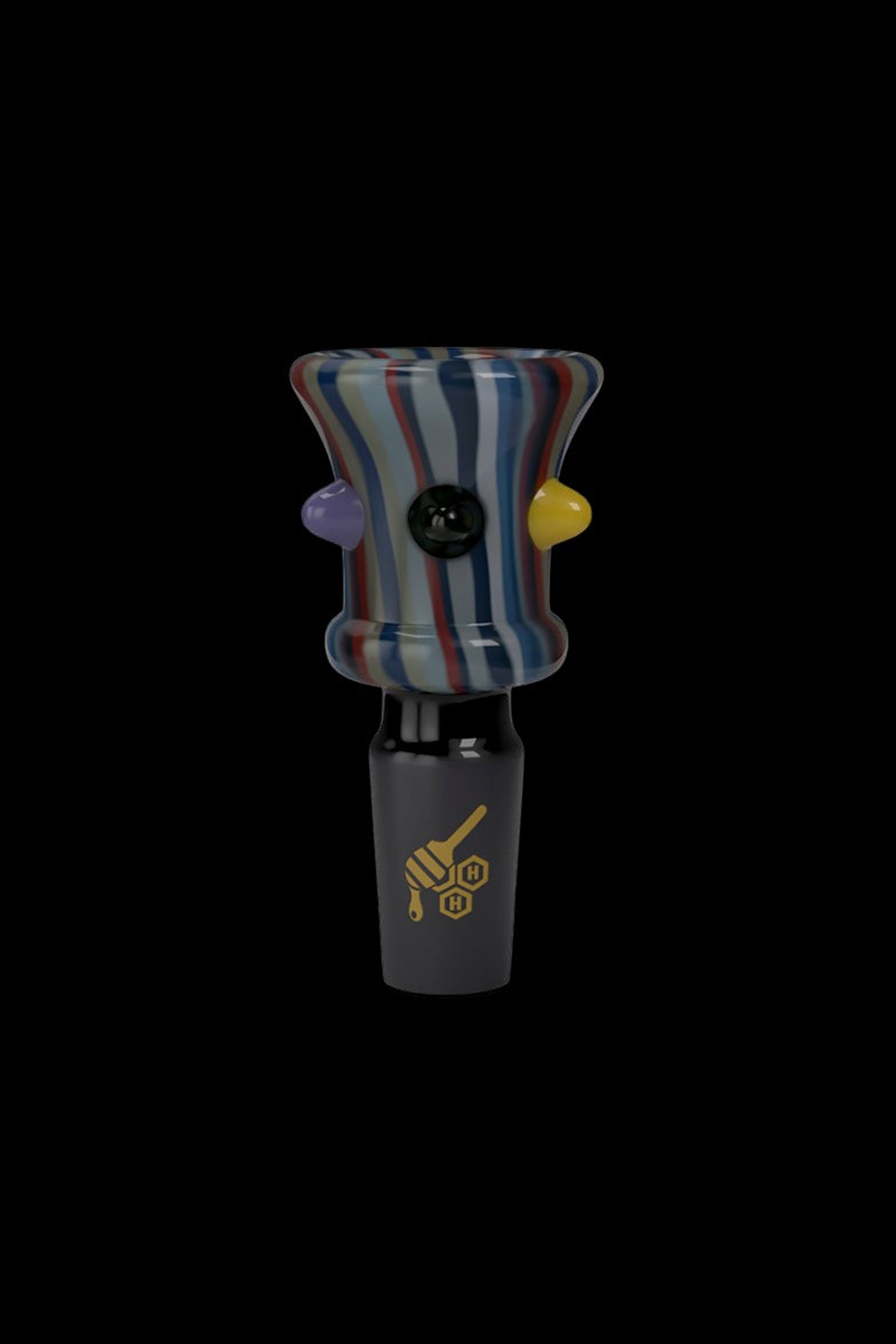 Glass cannabis pipe with colorful striped bowl and black base featuring gold graphics.