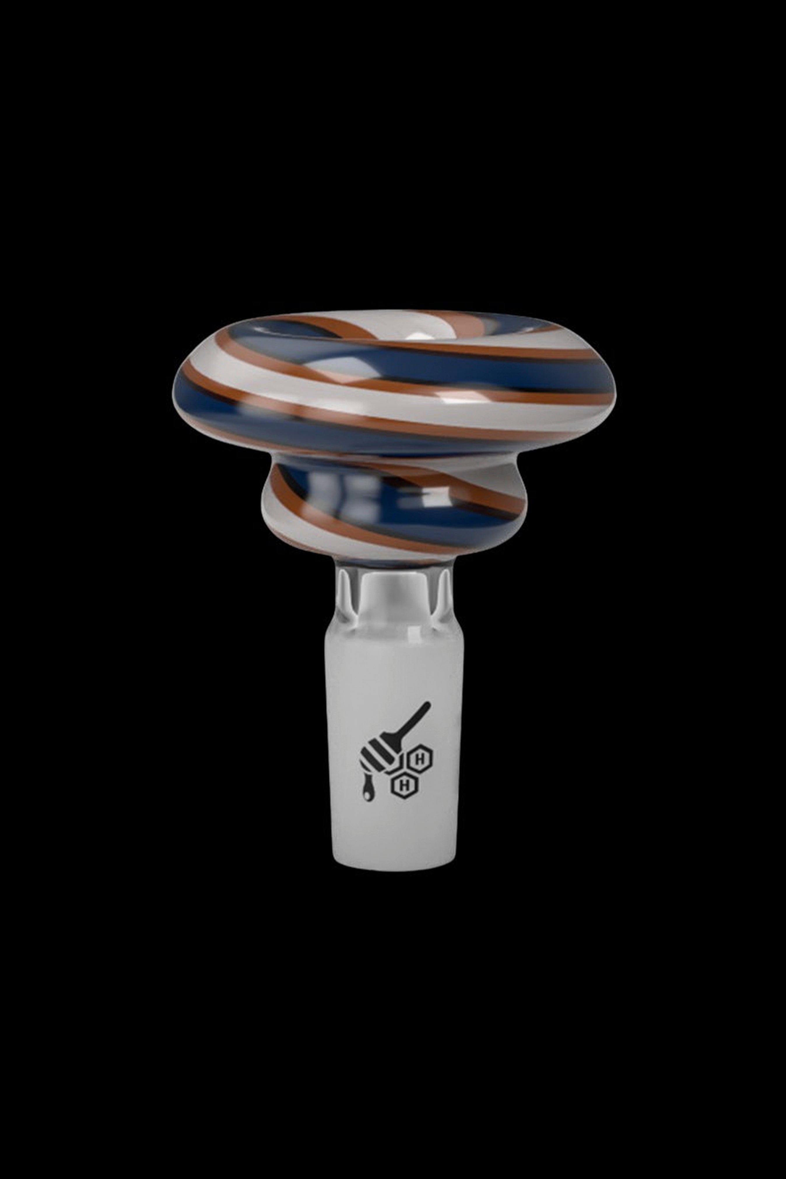 Glass cannabis bowl with colorful swirl design and branded logo.