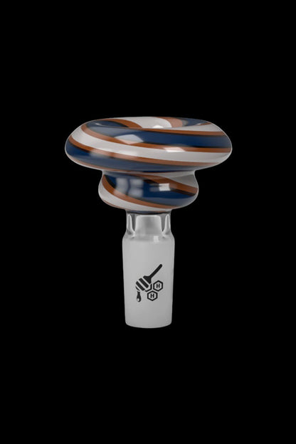 Glass cannabis bowl with colorful swirl design and branded logo.