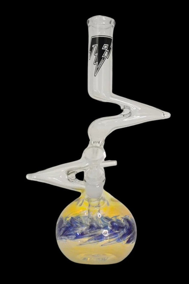Glass water pipe with colorful, swirling liquid and lightning bolt design.