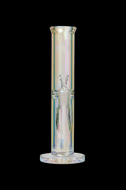 Iridescent glass water pipe (bong) against a black background.