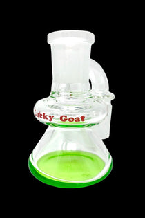 Clear glass bubbler with green liquid and “Lucky Goat” branding.