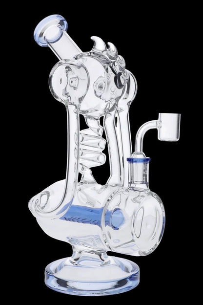 Three-quarter view of the Milky Green Bent Neck Bong w/ Bowl & Banger showing clear glass curves, a bent mouthpiece, spiral percolator, and blue accents against black