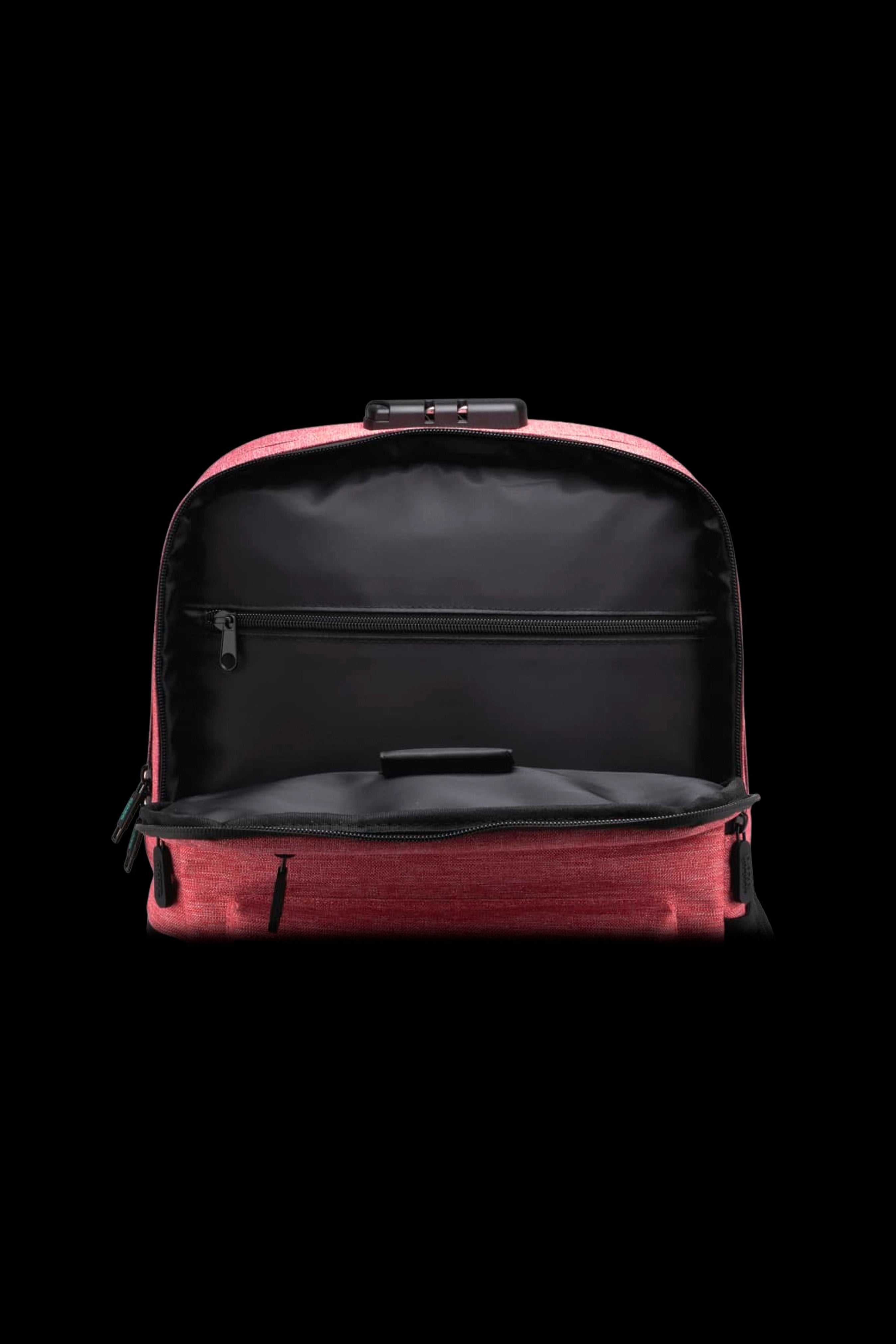 Top-down close view of the open Ooze Traveler Smell Proof Backpack showing its black interior pocket and surf blue fabric rim against a black background