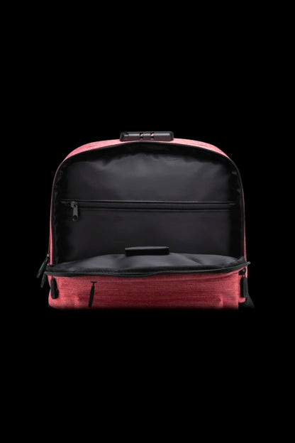 Top-down close view of the open Ooze Traveler Smell Proof Backpack showing its black interior pocket and surf blue fabric rim against a black background