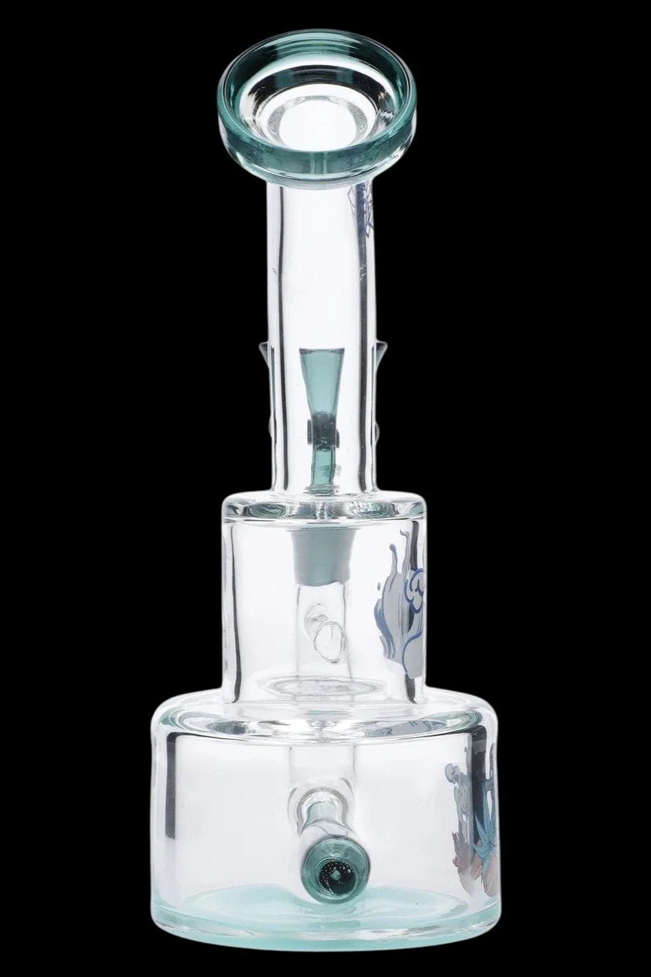Front view of the Cabana Cannabis Co. Ahoy Dab Rig - Teal showing its clear glass chamber, teal accents, and straight neck against black.