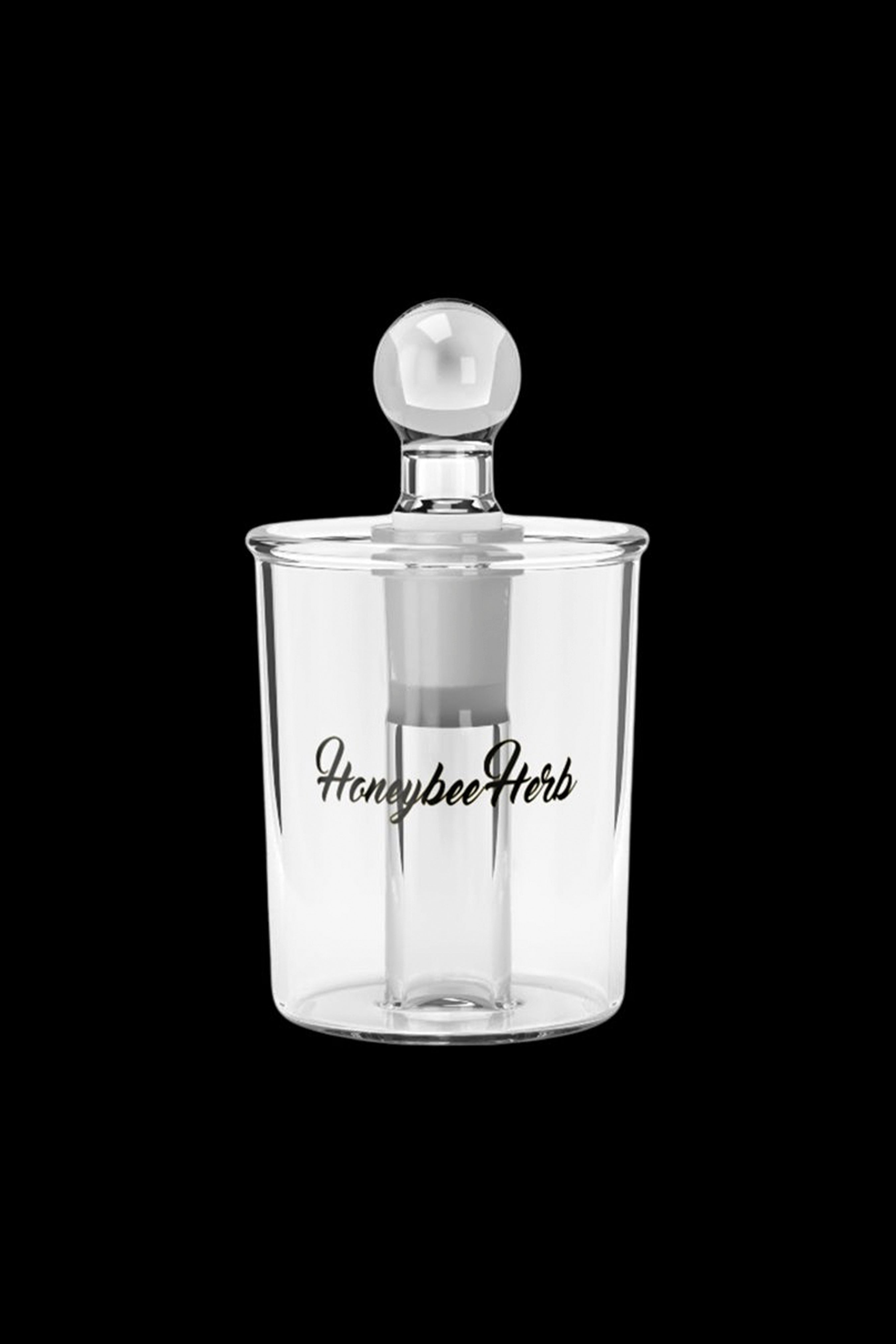 Clear glass bubbler with “Honeybee Herb” script.